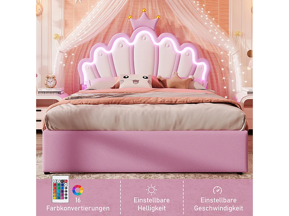 Lit de princesse Lit avec tiroir 140x200 éclairage dambiance télécommandé 2 tiroirs lit princesse en forme de couronne tête de lit réglable PU Rose