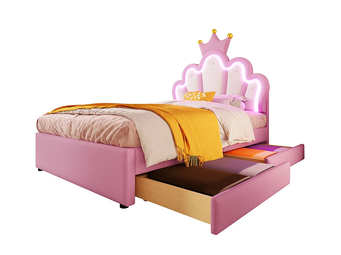 Lit de princesse Lit avec tiroir 90x200 éclairage dambiance télécommandé 2 tiroirs lit princesse en forme de couronne tête de lit réglable PU Rose