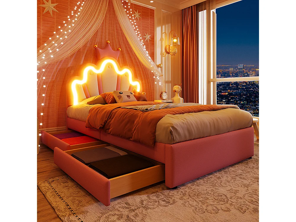 Lit de princesse Lit avec tiroir 90x200 éclairage dambiance télécommandé 2 tiroirs lit princesse en forme de couronne tête de lit réglable PU Rose