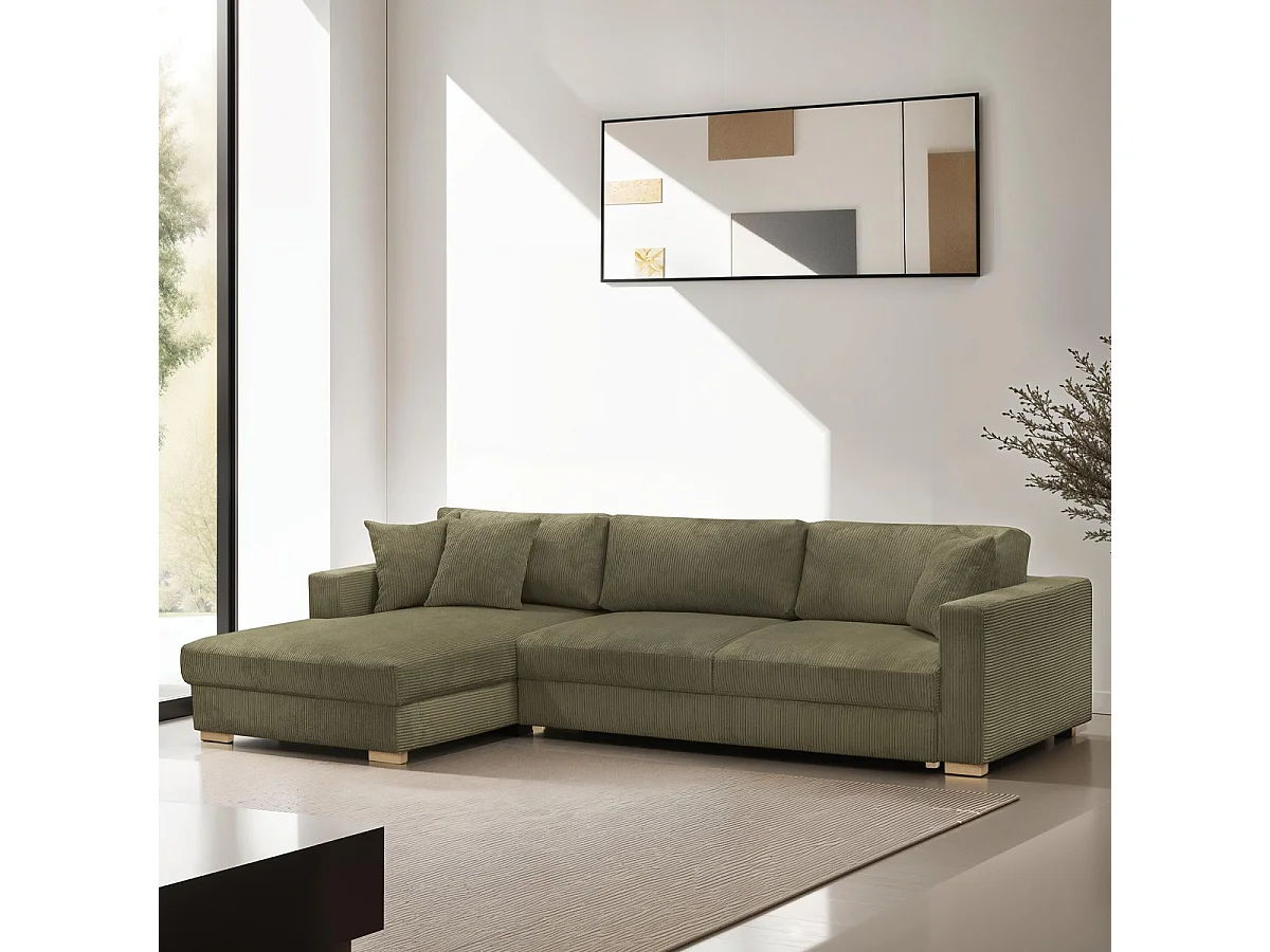 Canapé d'angle à gauche convertible 5 places en velours côtelé vert kaki - Robin
