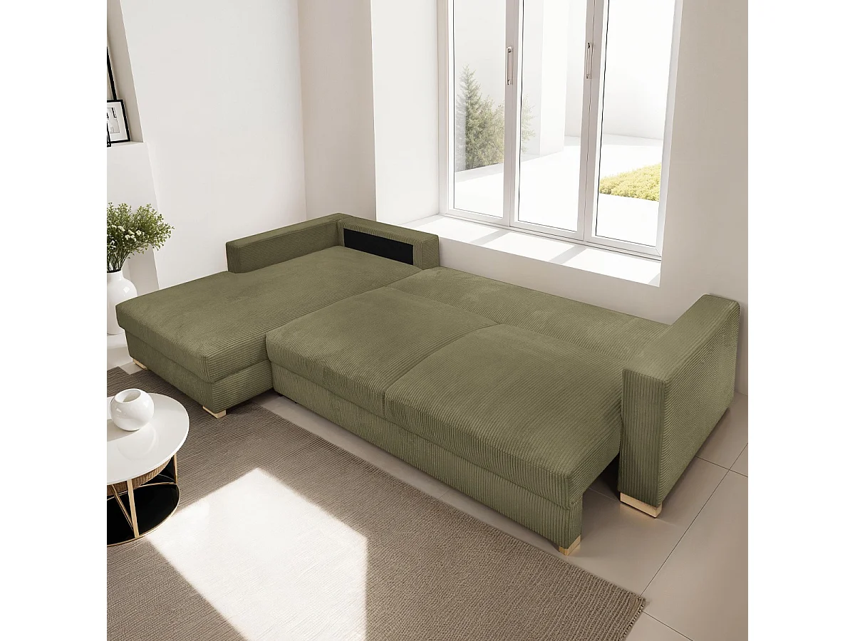 Canapé d'angle à gauche convertible 5 places en velours côtelé vert kaki - Robin