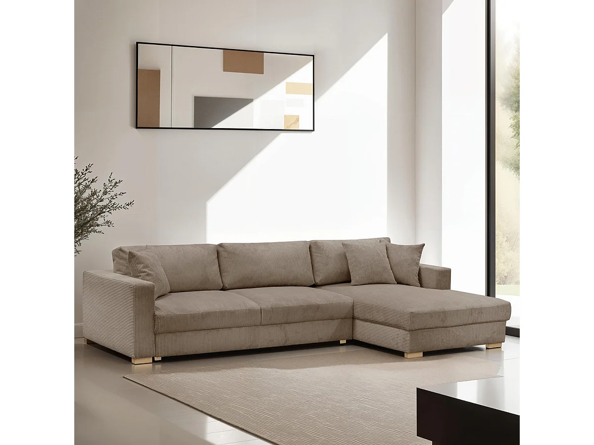 Canapé d'angle à droite convertible 5 places en velours côtelé taupe - Robin
