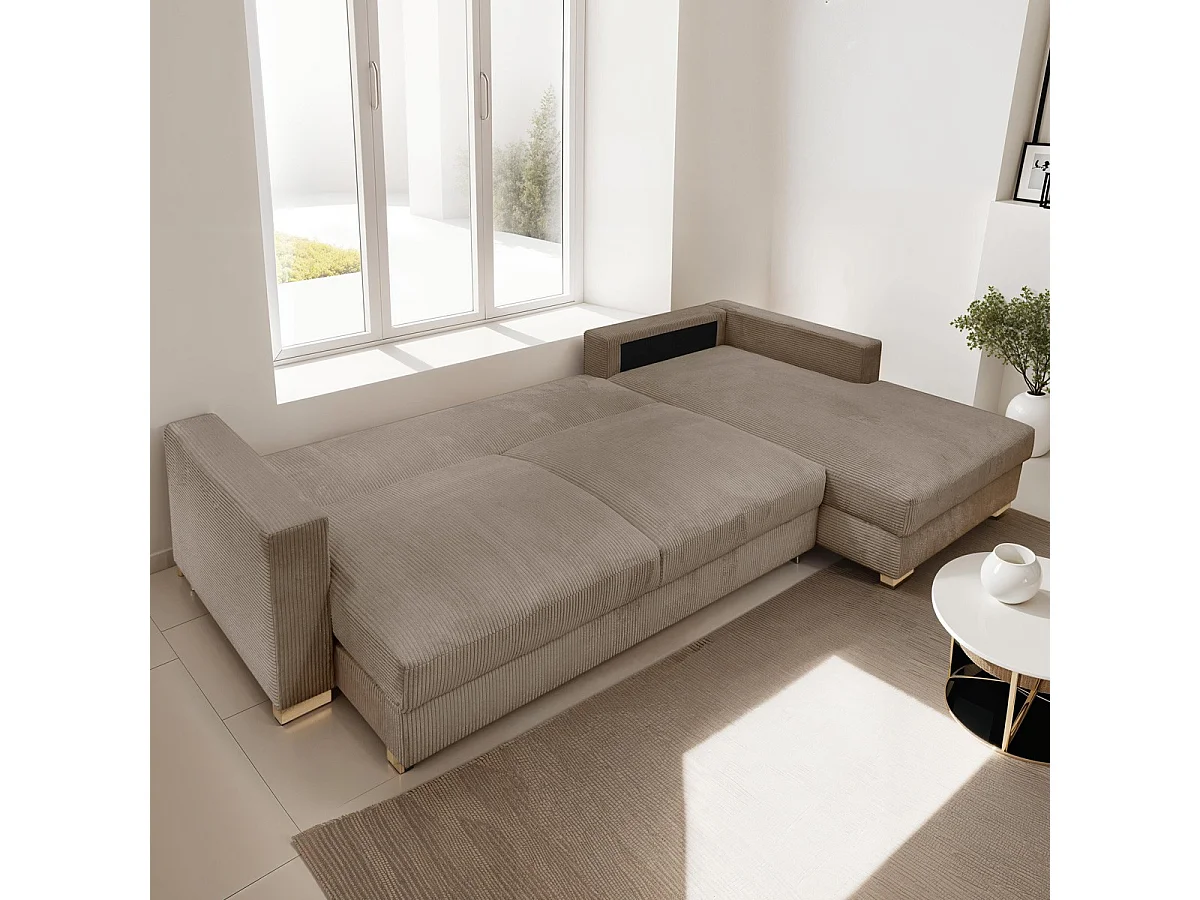 Canapé d'angle à droite convertible 5 places en velours côtelé taupe - Robin