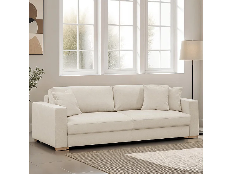 Canapé convertible 3 places en tissu chenille beige - Robin