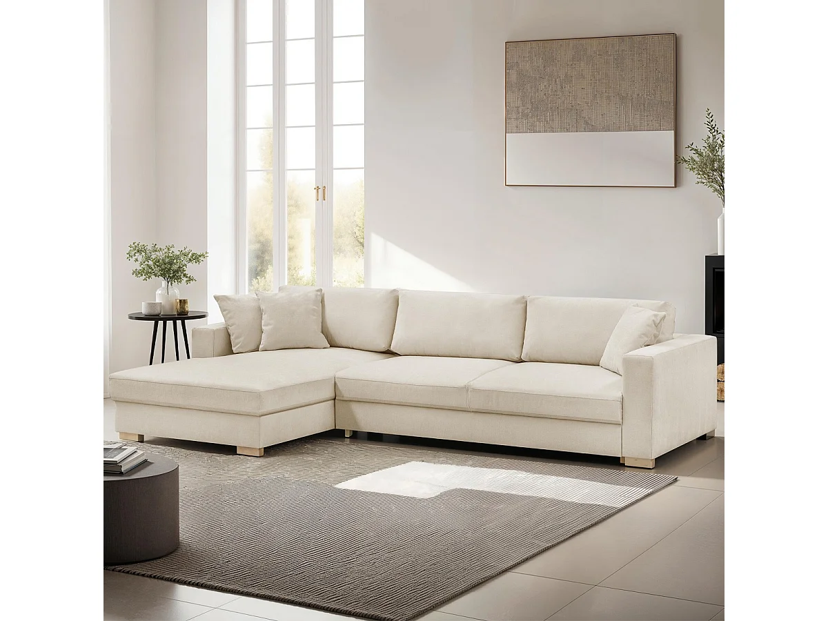 Canapé d'angle à gauche convertible 5 places en tissu chenille beige - Robin