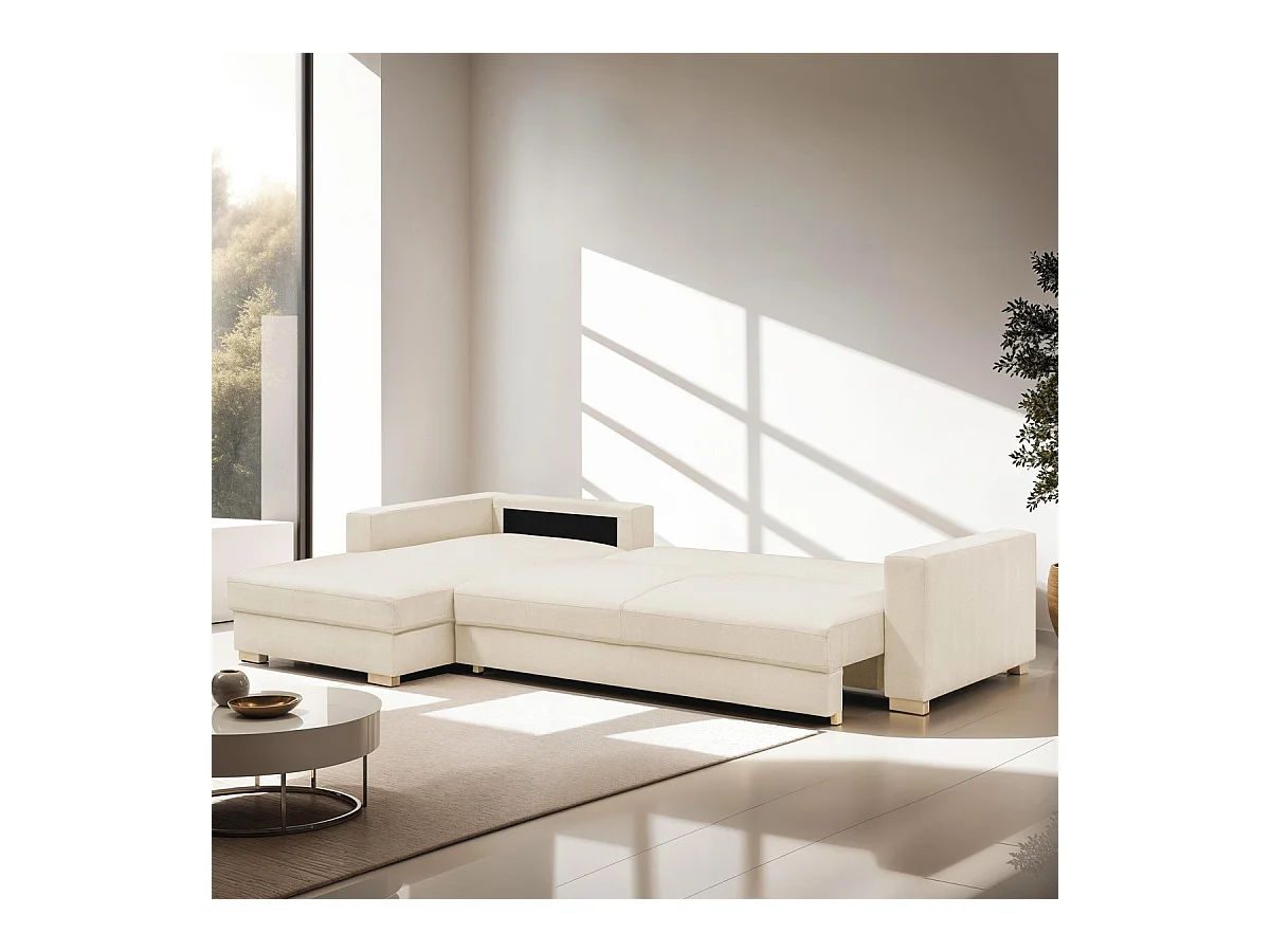 Canapé d'angle à gauche convertible 5 places en tissu chenille beige - Robin