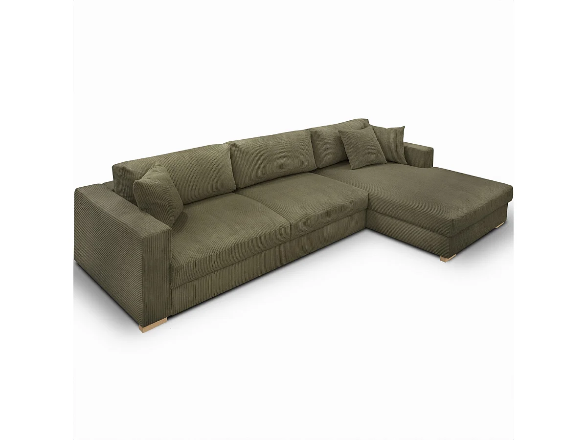 Canapé d'angle à droite convertible 5 places en velours côtelé vert kaki - Robin