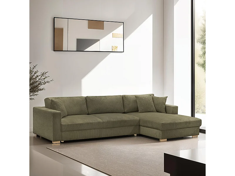 Canapé d'angle à droite convertible 5 places en velours côtelé vert kaki - Robin