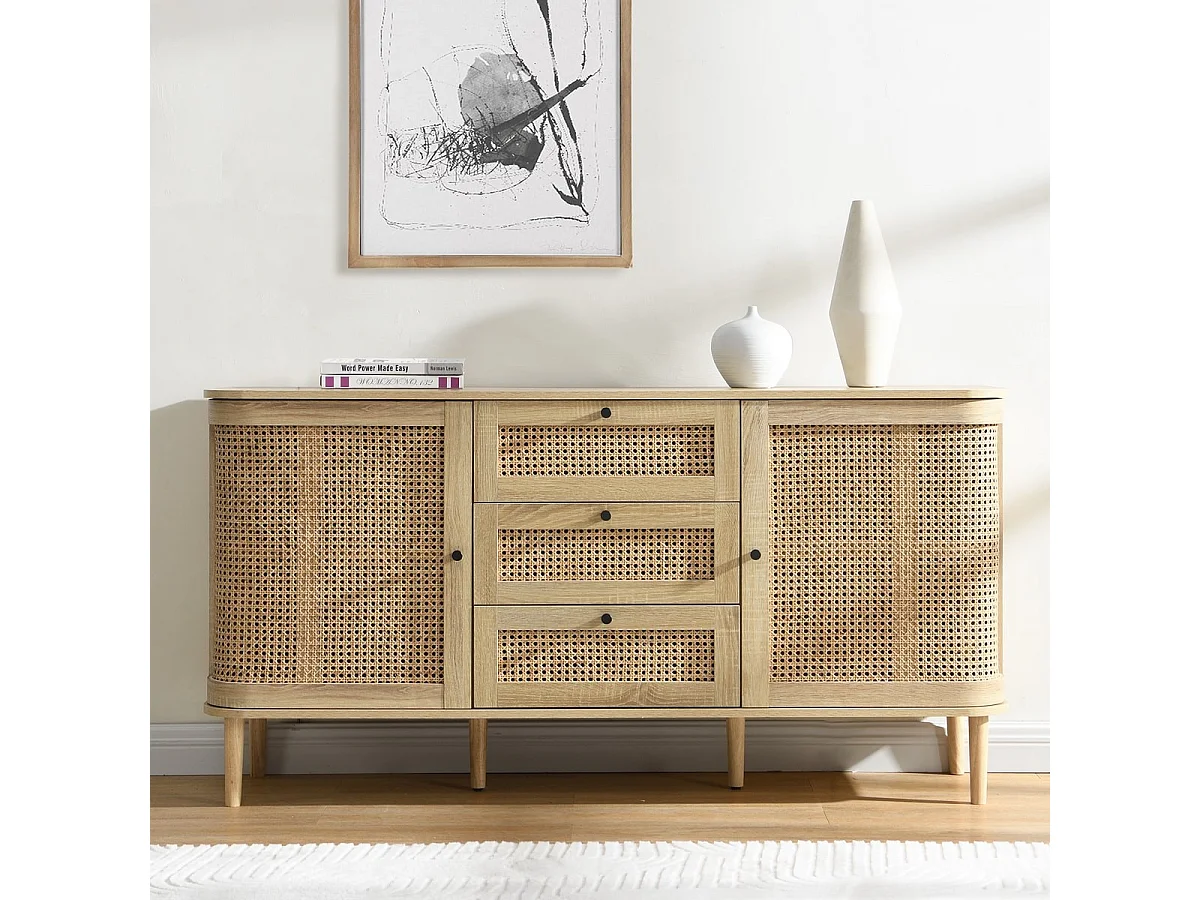 Buffet 2 portes 3 tiroirs couleur chêne et cannage 150 cm - Bali