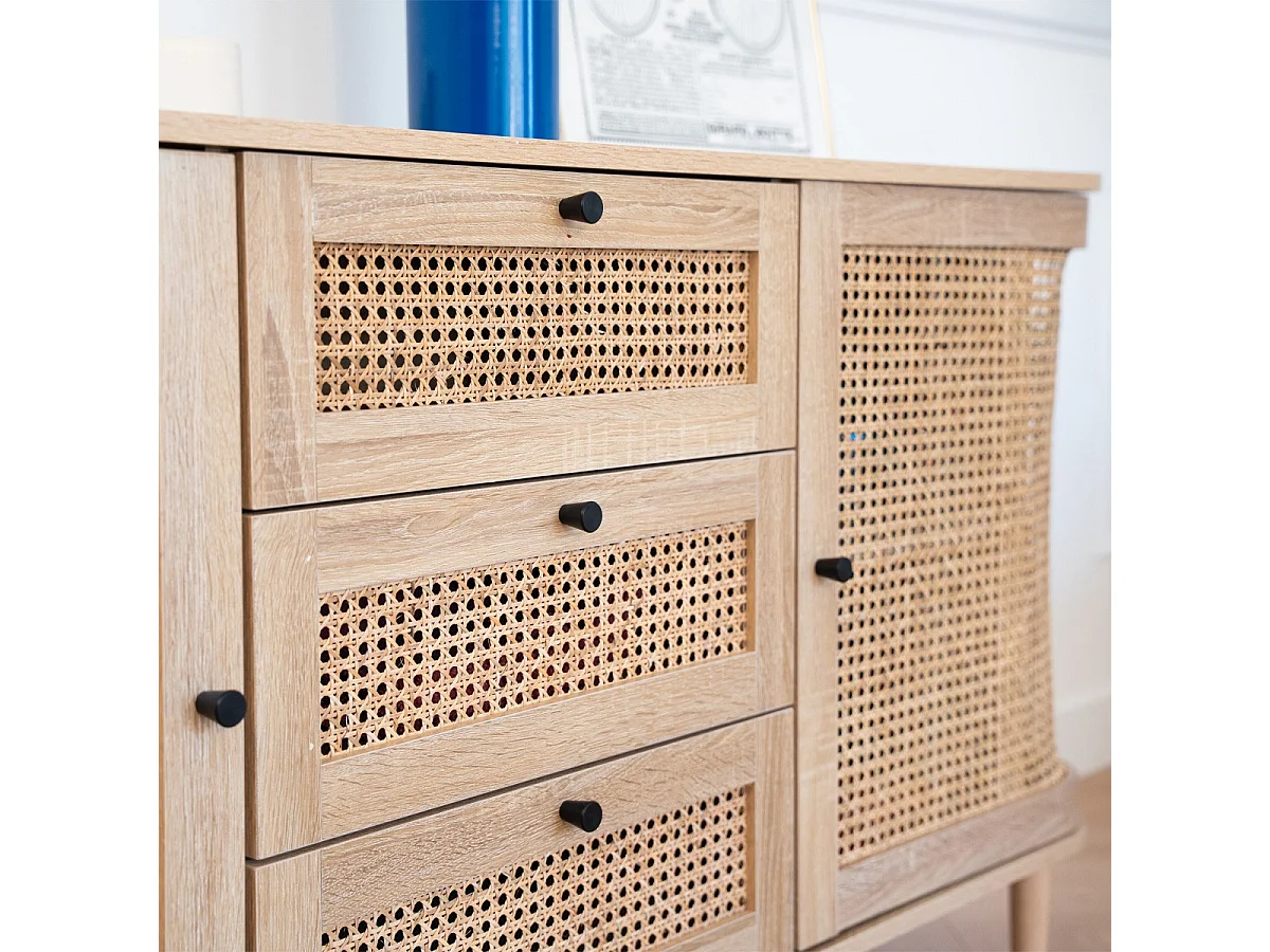 Buffet 2 portes 3 tiroirs couleur chêne et cannage 150 cm - Bali