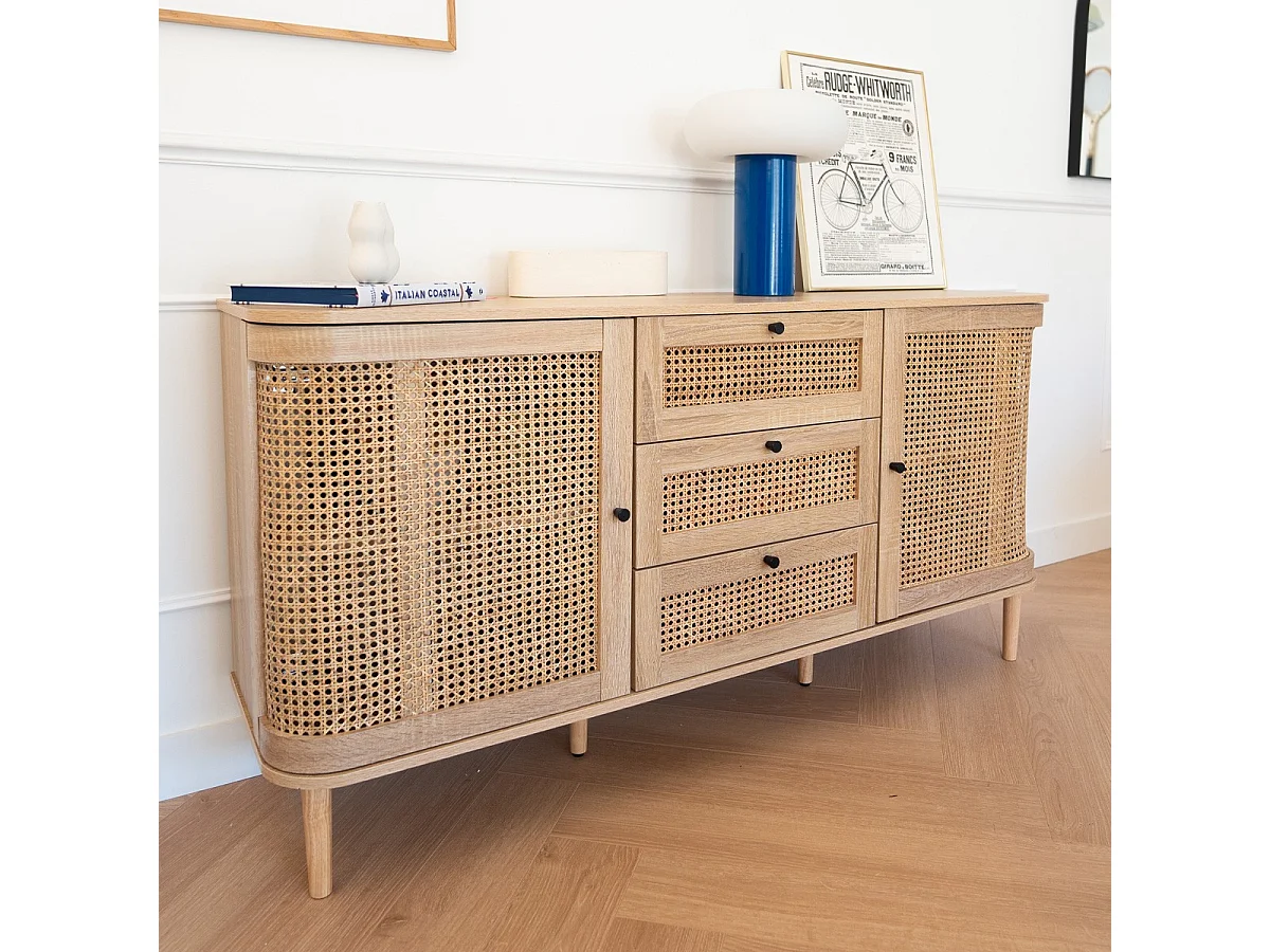 Buffet 2 portes 3 tiroirs couleur chêne et cannage 150 cm - Bali