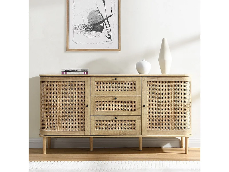 Buffet 2 portes 3 tiroirs couleur chêne et cannage 150 cm - Bali