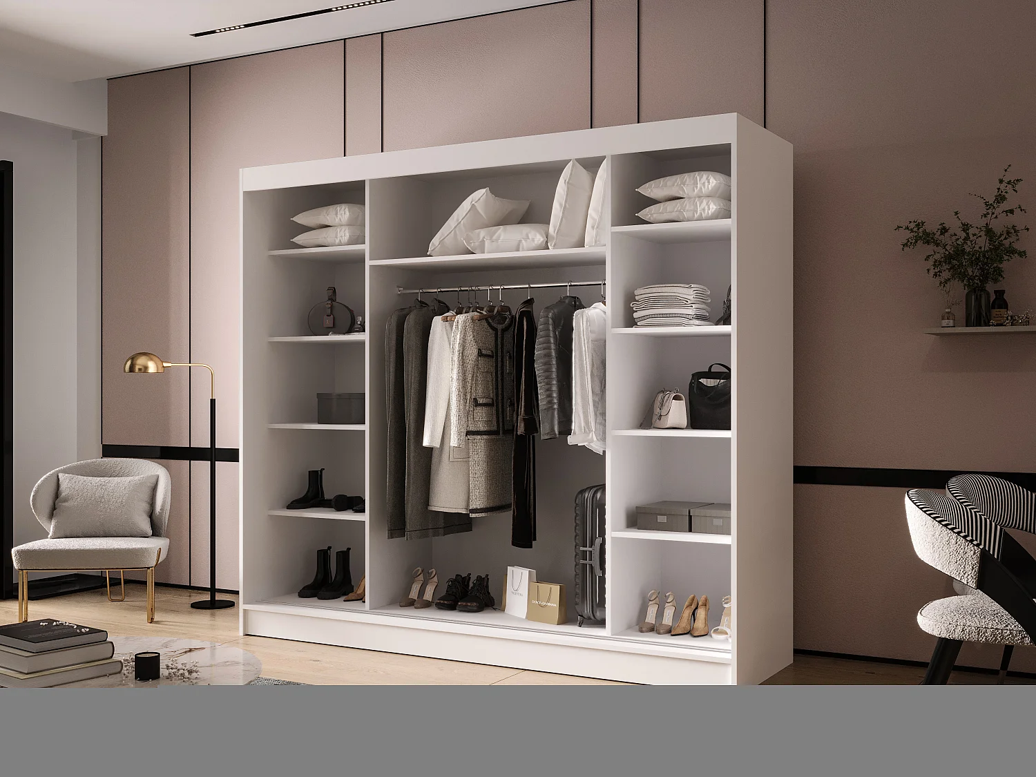 Dreitüriger Schiebeschrank mit Spiegel DALLAS DY1, Regalböden und Kleiderstange (Sonoma)