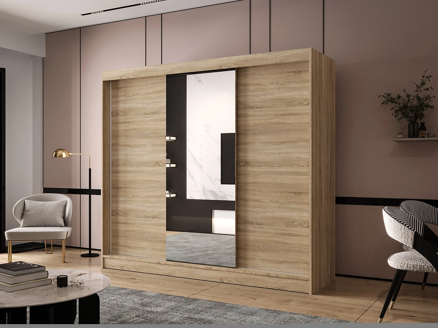 Dreitüriger Schiebeschrank mit Spiegel DALLAS DY1, Regalböden und Kleiderstange (Sonoma)