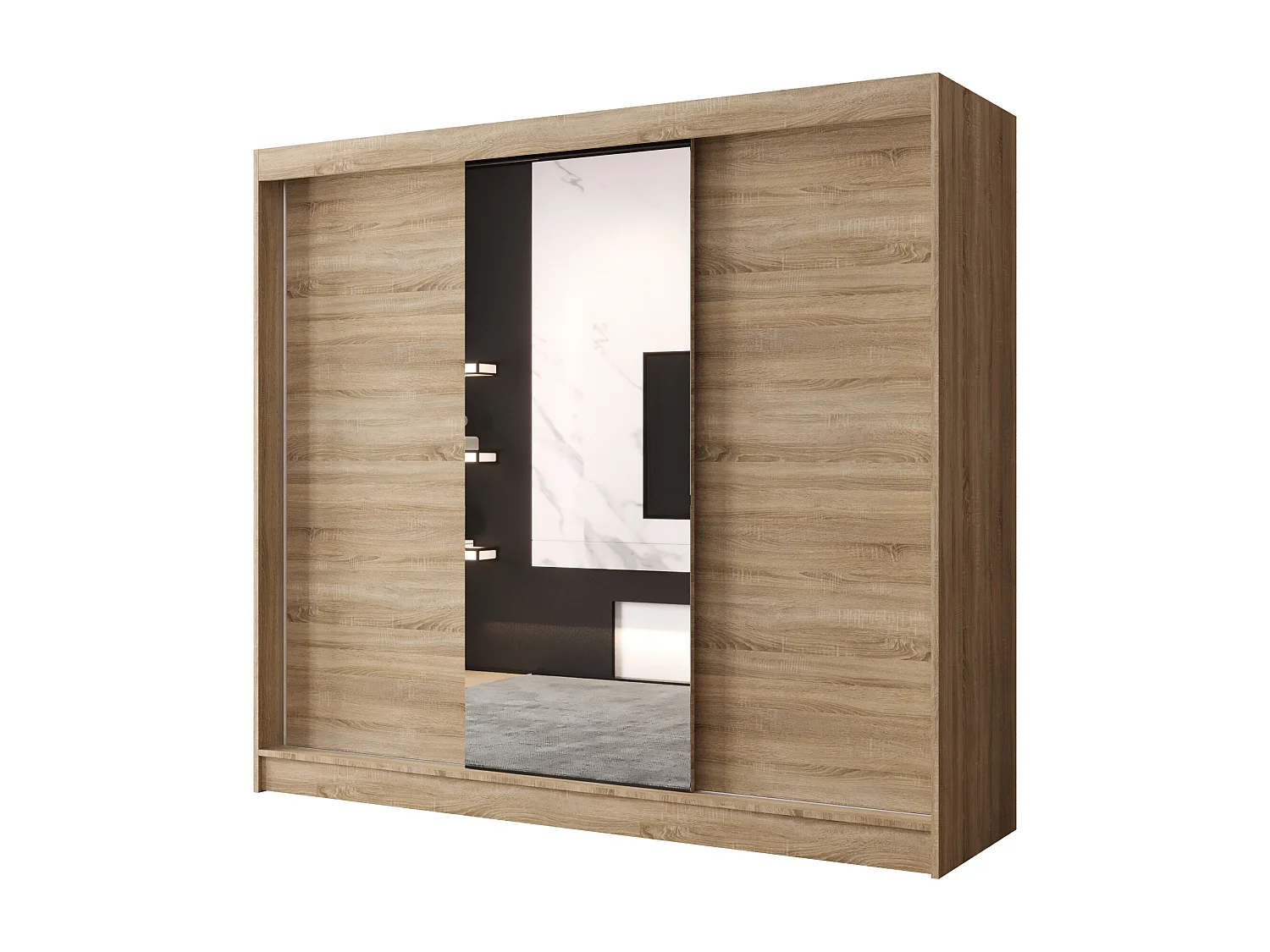 Dreitüriger Schiebeschrank mit Spiegel DALLAS DY1, Regalböden und Kleiderstange (Sonoma)