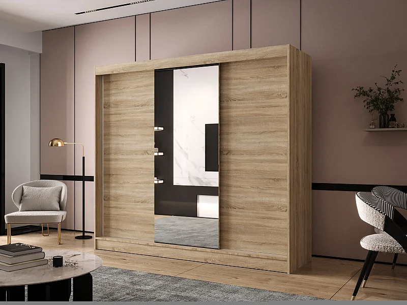 Dreitüriger Schiebeschrank mit Spiegel DALLAS DY1, Regalböden und Kleiderstange (Sonoma)