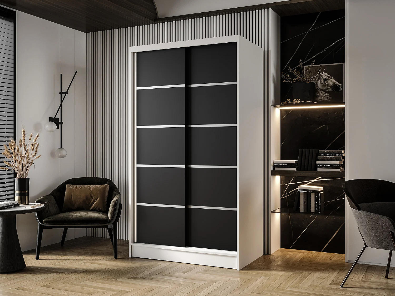 Zweitüriger Schiebeschrank DETROIT D4, Regalböden und Kleiderstange (Weiß/Schwarz)