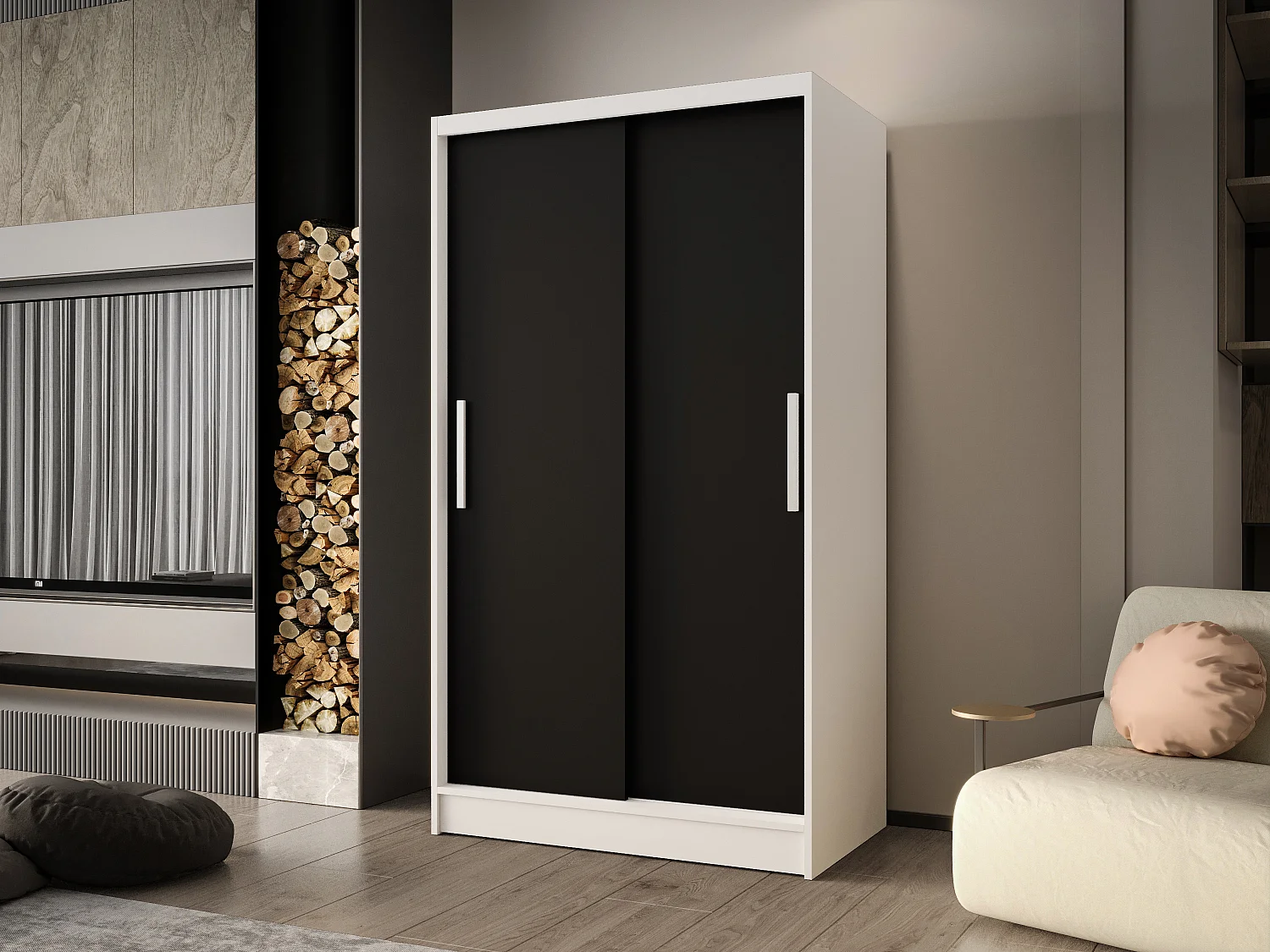 Zweitüriger Schiebeschrank CHICAGO CA1 Regalböden und Kleiderstange (Weiß/Schwarz)