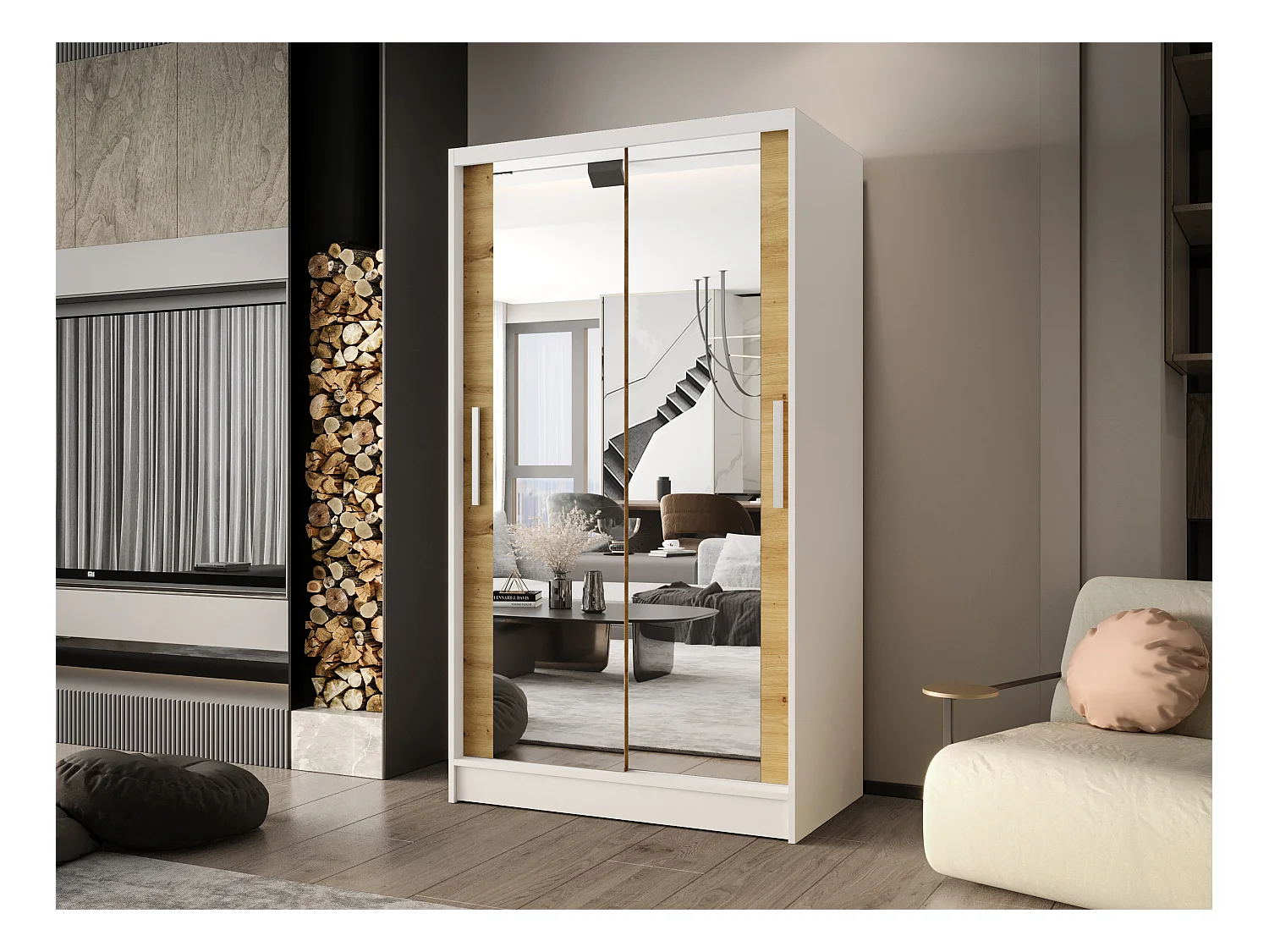Zweitüriger Schiebeschrank mit Spiegel CHICAGO CA7, Regalböden und Kleiderstange (Weiß/Artisan)