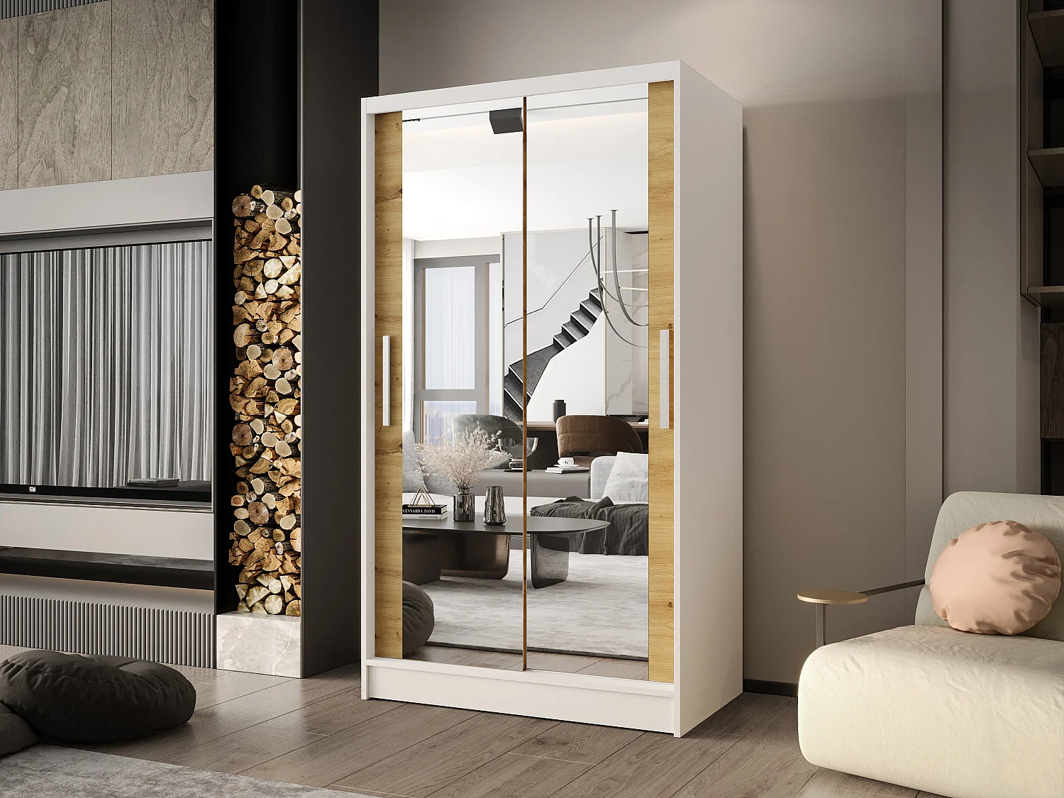 Zweitüriger Schiebeschrank mit Spiegel CHICAGO CA7, Regalböden und Kleiderstange (Weiß/Artisan)