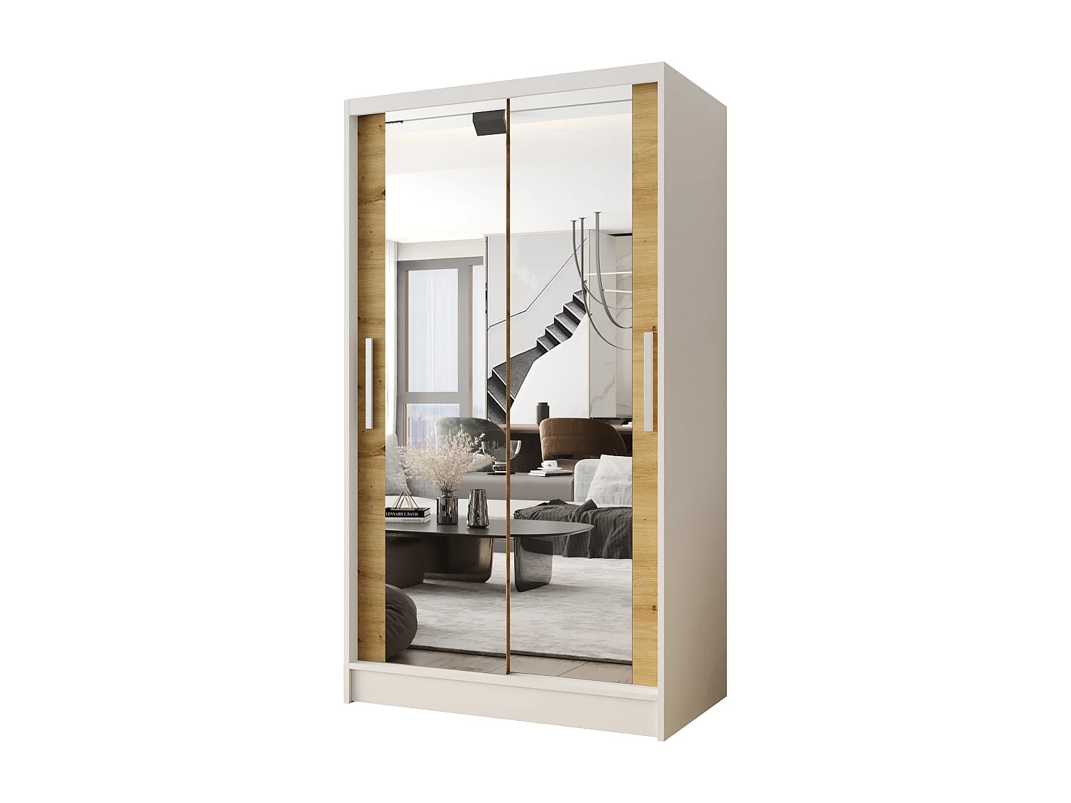 Zweitüriger Schiebeschrank mit Spiegel CHICAGO CA7, Regalböden und Kleiderstange (Weiß/Artisan)