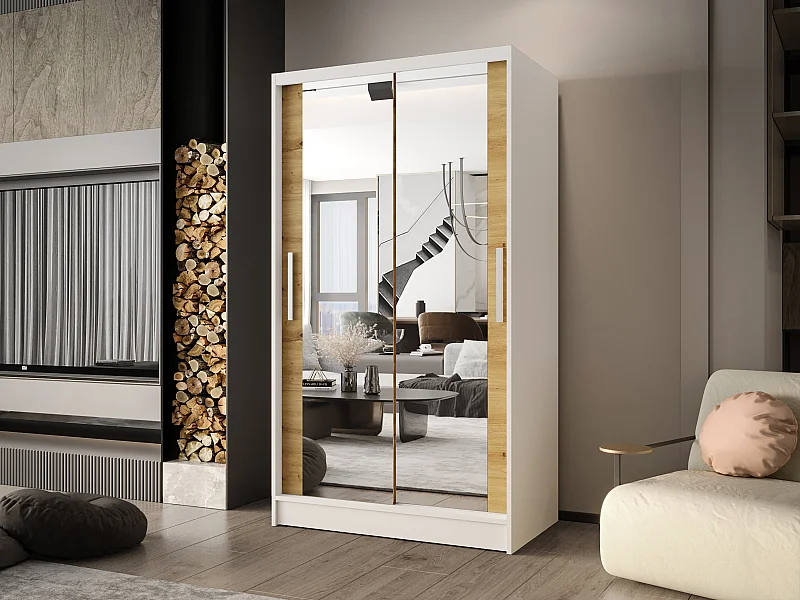 Zweitüriger Schiebeschrank mit Spiegel CHICAGO CA7, Regalböden und Kleiderstange (Weiß/Artisan)