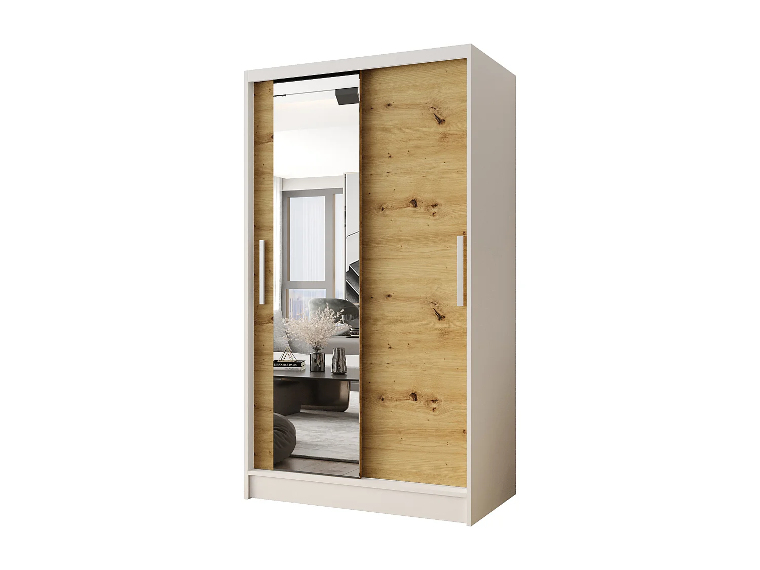 Zweitüriger Schiebeschrank mit Spiegel CHICAGO CA6, Regalböden und Kleiderstange (Weiß/Artisan)