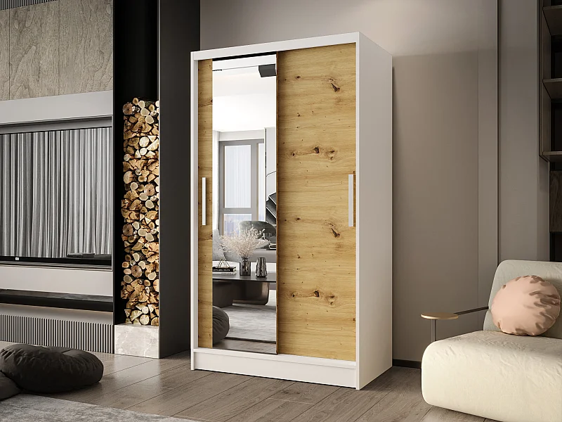 Zweitüriger Schiebeschrank mit Spiegel CHICAGO CA6, Regalböden und Kleiderstange (Weiß/Artisan)