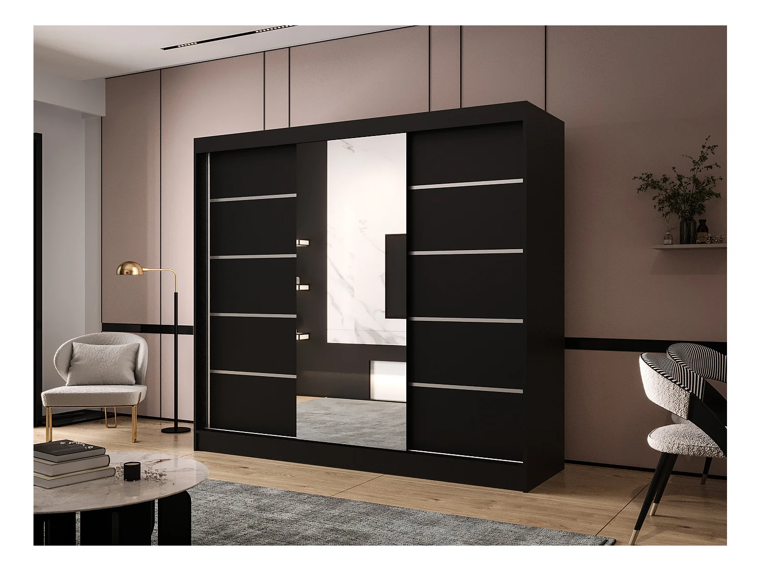 Dreitüriger Schiebeschrank mit Spiegel DALLAS DY6, Regalböden und Kleiderstange (Schwarz)