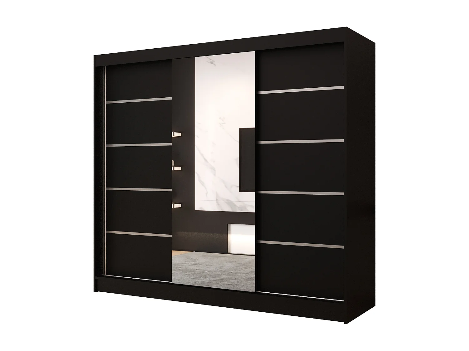 Dreitüriger Schiebeschrank mit Spiegel DALLAS DY6, Regalböden und Kleiderstange (Schwarz)