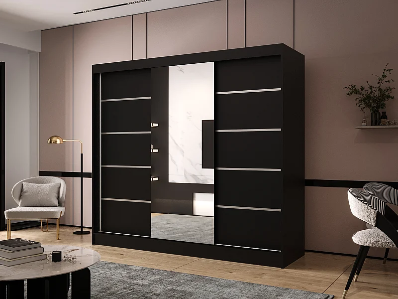 Dreitüriger Schiebeschrank mit Spiegel DALLAS DY6, Regalböden und Kleiderstange (Schwarz)