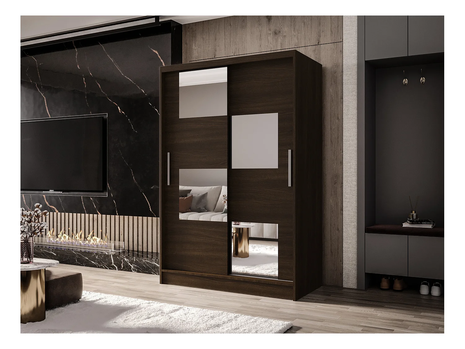 Zweitüriger Schiebeschrank mit Spiegel MESA M3 Choco mit Regalböden und Kleiderstange