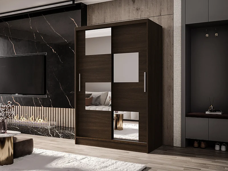 Zweitüriger Schiebeschrank mit Spiegel MESA M3 Choco mit Regalböden und Kleiderstange