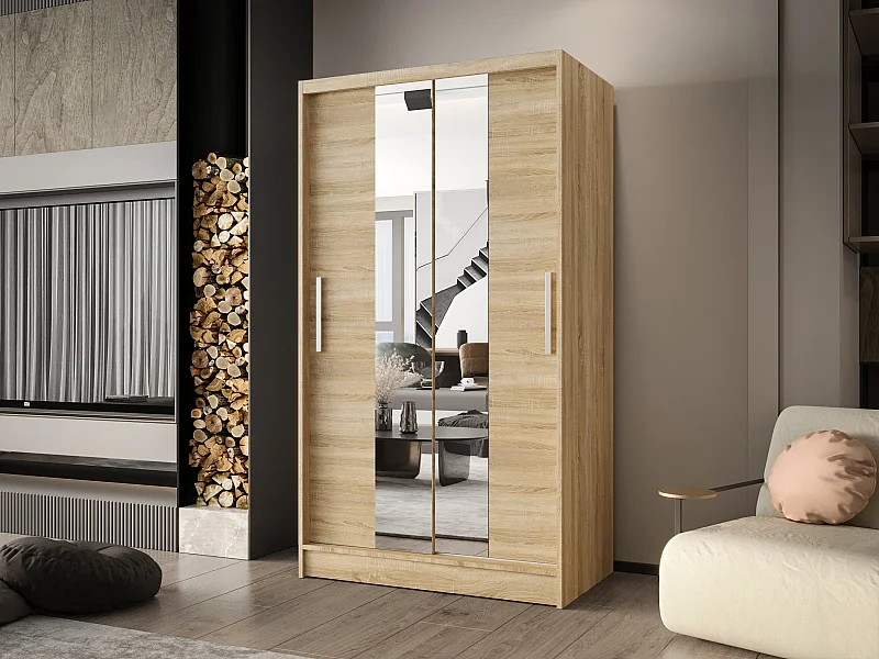 Zweitüriger Schiebeschrank mit Spiegel CHICAGO CA2, Regalböden und Kleiderstange (Sonoma)