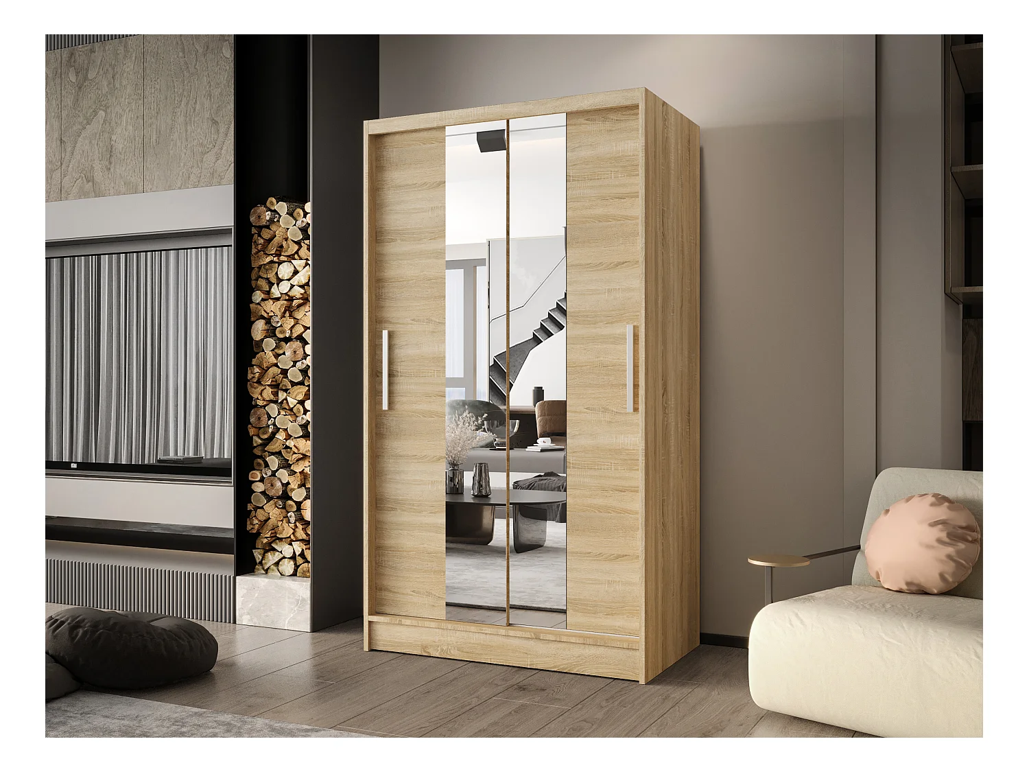 Zweitüriger Schiebeschrank mit Spiegel CHICAGO CA2, Regalböden und Kleiderstange (Sonoma)