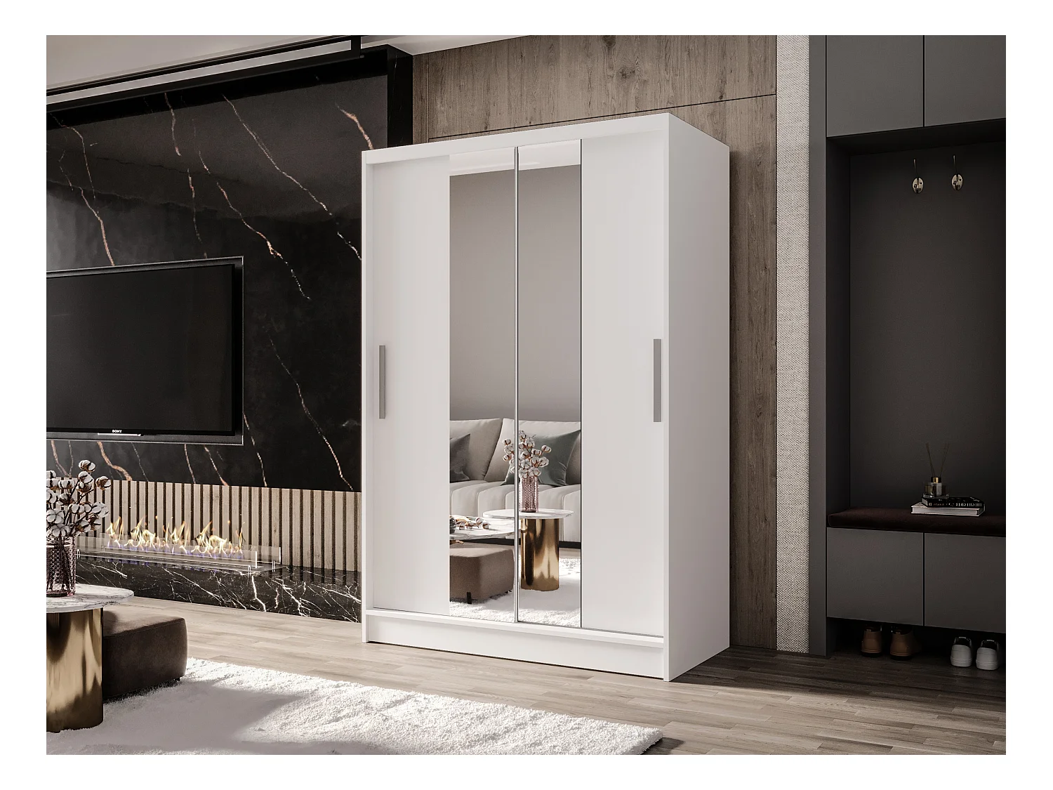Zweitüriger Schiebeschrank mit Spiegel MESA M2 Weiß mit Regalböden und Kleiderstange