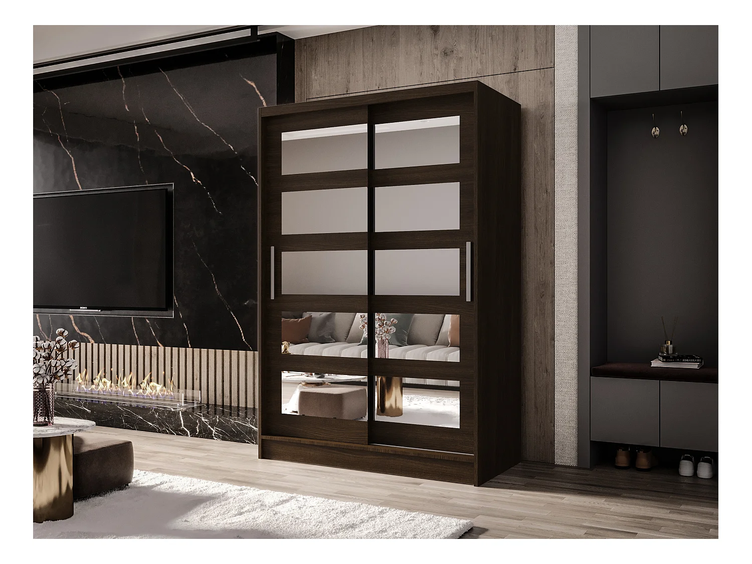 Zweitüriger Schiebeschrank mit Spiegel MESA M4 Choco mit Regalböden und Kleiderstange