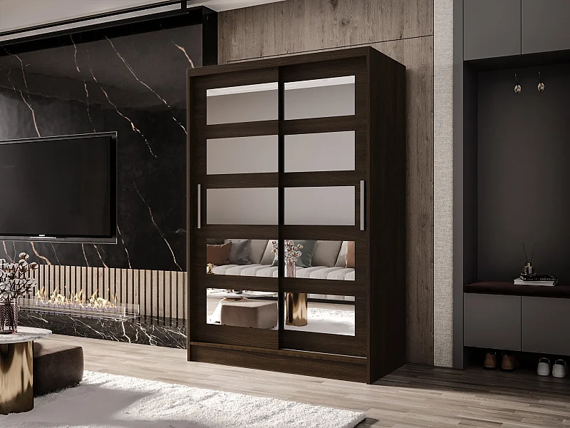 Zweitüriger Schiebeschrank mit Spiegel MESA M4 Choco mit Regalböden und Kleiderstange