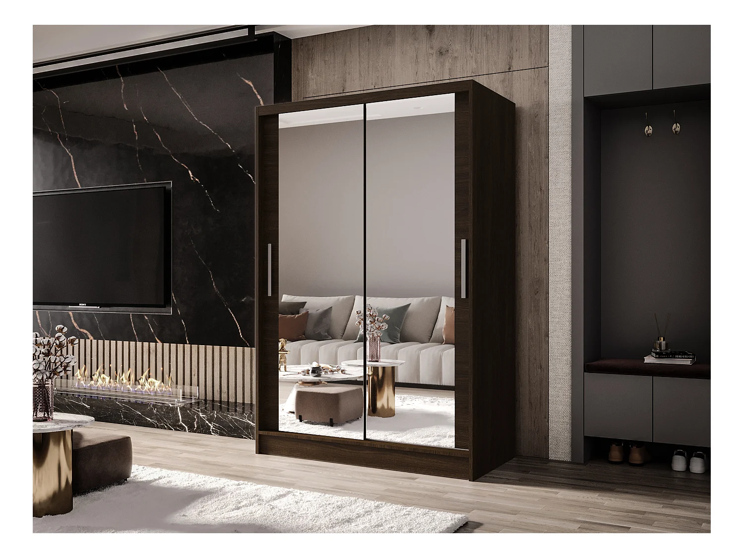 Zweitüriger Schiebeschrank mit Spiegel MESA M7 Choco mit Regalböden und Kleiderstange