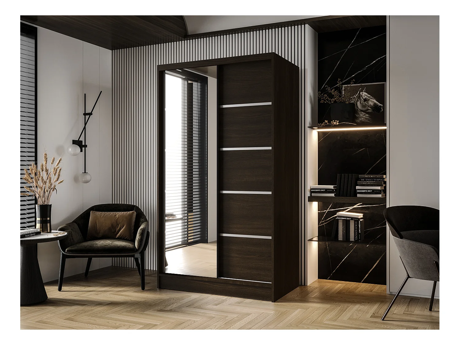 Zweitüriger Schiebeschrank mit Spiegel DETROIT D3, Regalböden und Kleiderstange (Choco)