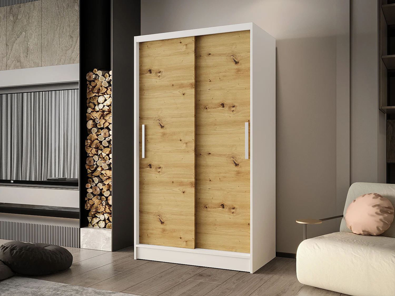 Zweitüriger Schiebeschrank CHICAGO CA1, Regalböden und Kleiderstange (Weiß/Artisan)