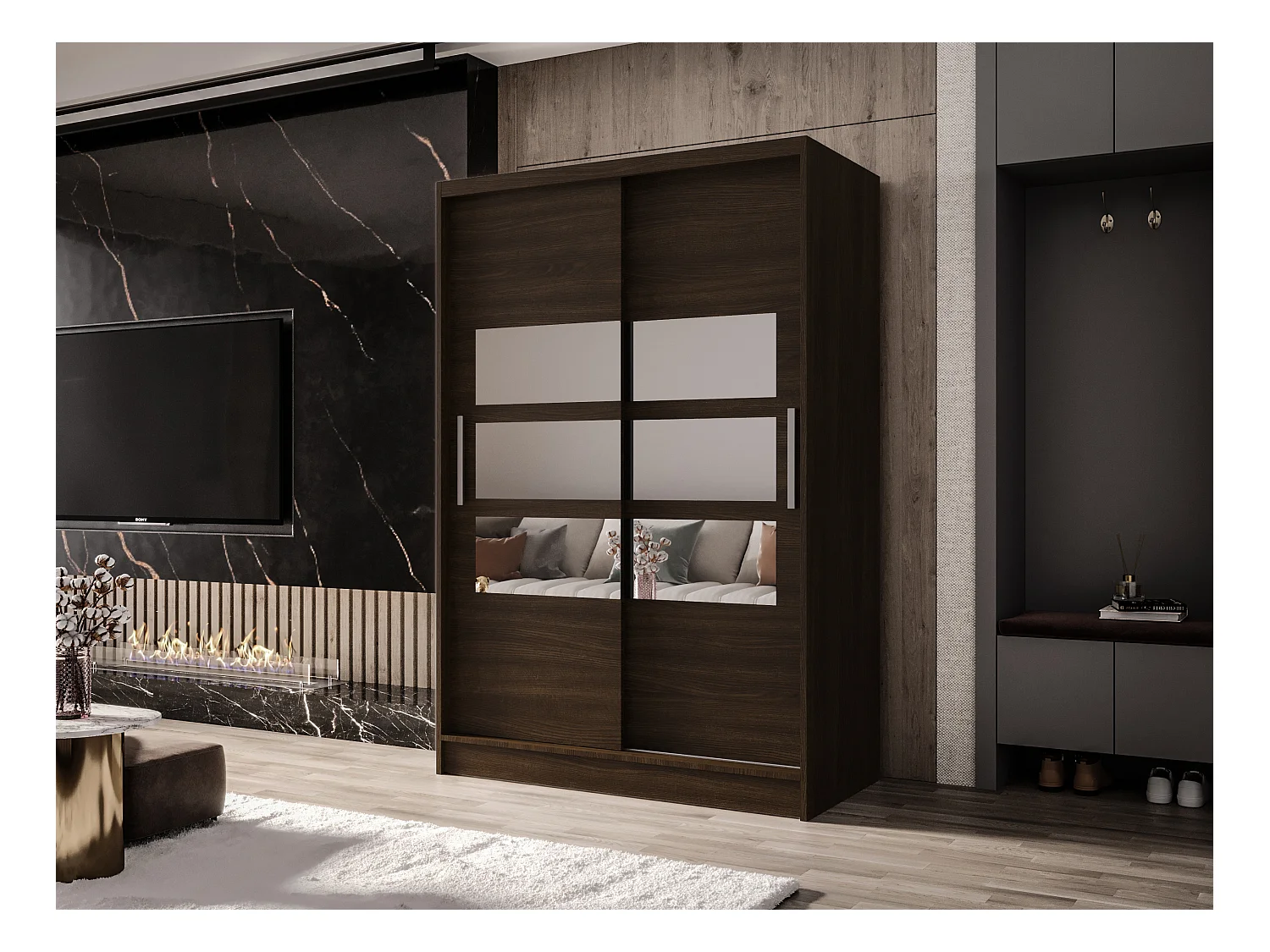 Zweitüriger Schiebeschrank mit Spiegel MESA M5 Choco mit Regalböden und Kleiderstange