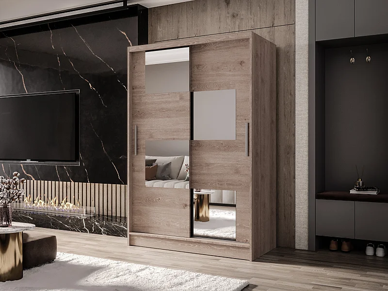 Zweitüriger Schiebeschrank mit Spiegel MESA M3 Truffle mit Regalböden und Kleiderstange