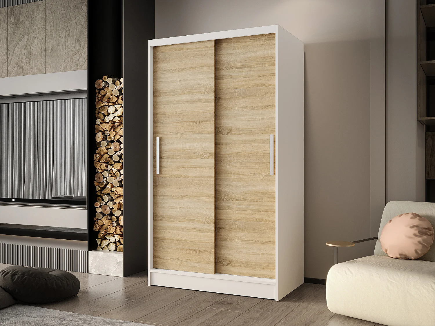 Zweitüriger Schiebeschrank CHICAGO CA1, Regalböden und Kleiderstange (Weiß/Sonoma)