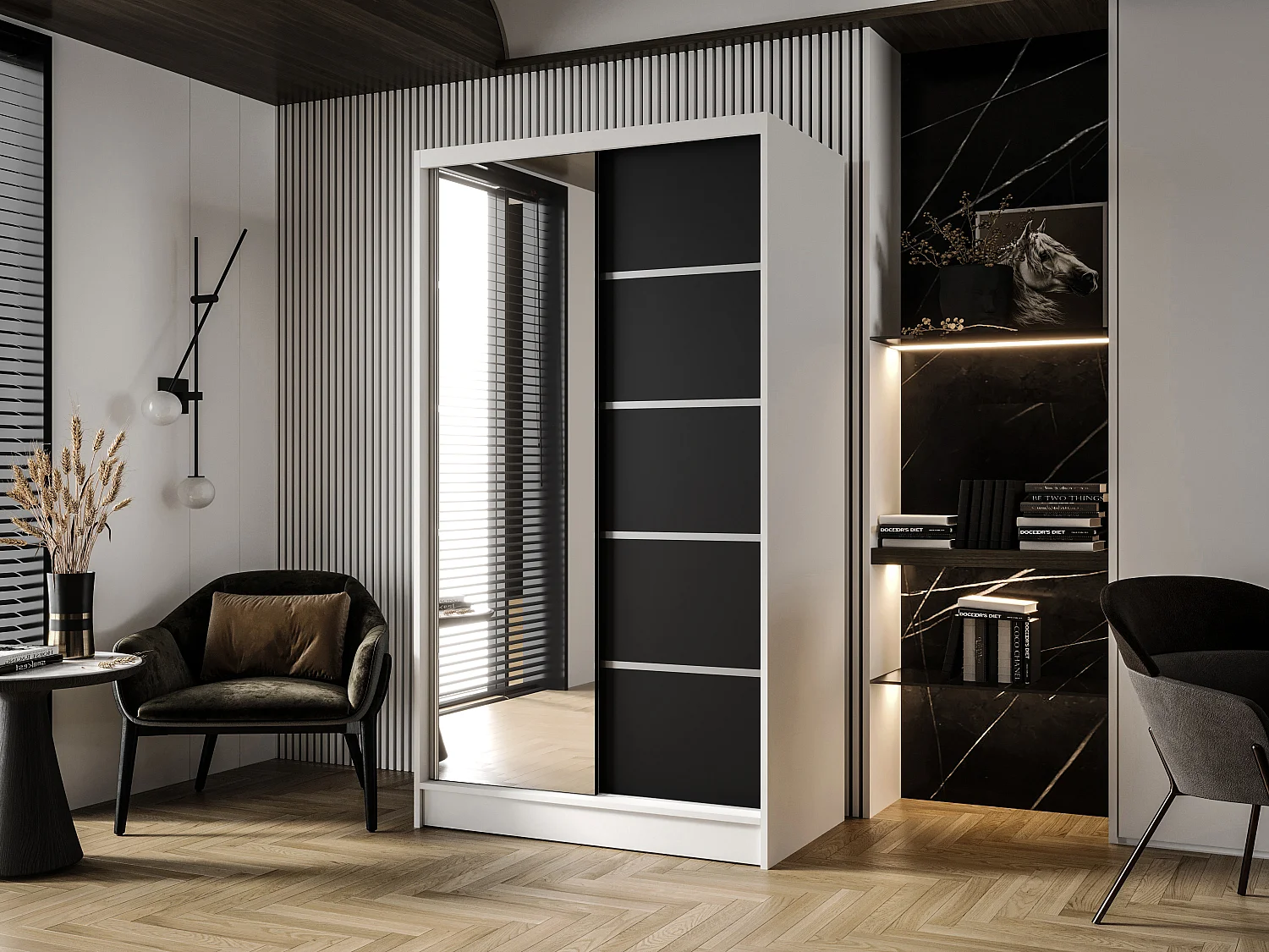 Zweitüriger Schiebeschrank mit Spiegel DETROIT D3, Regalböden und Kleiderstange (Weiß/Schwarz)