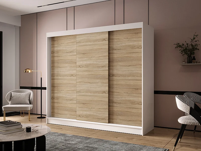 Dreitüriger Schiebeschrank DALLAS DY2, Regalböden und Kleiderstange (Weiß/Sonoma)