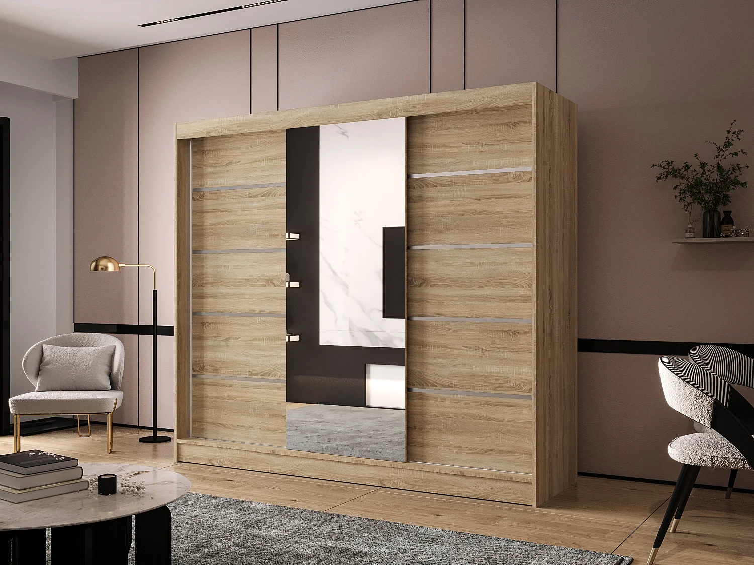 Dreitüriger Schiebeschrank mit Spiegel DALLAS DY6, Regalböden und Kleiderstange (Sonoma)