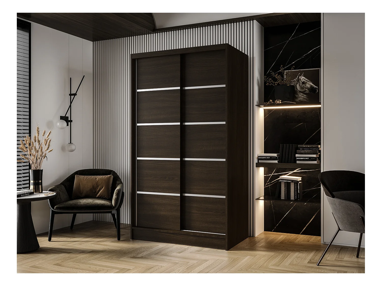 Zweitüriger Schiebeschrank DETROIT D4, Regalböden und Kleiderstange (Choco)