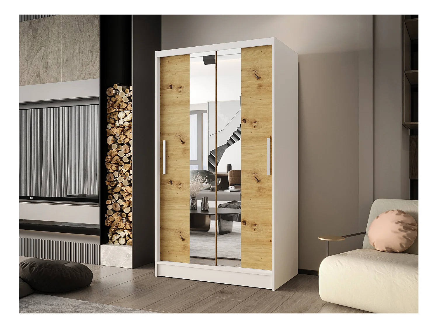 Zweitüriger Schiebeschrank mit Spiegel CHICAGO CA2, Regalböden und Kleiderstange (Weiß/Artisan)