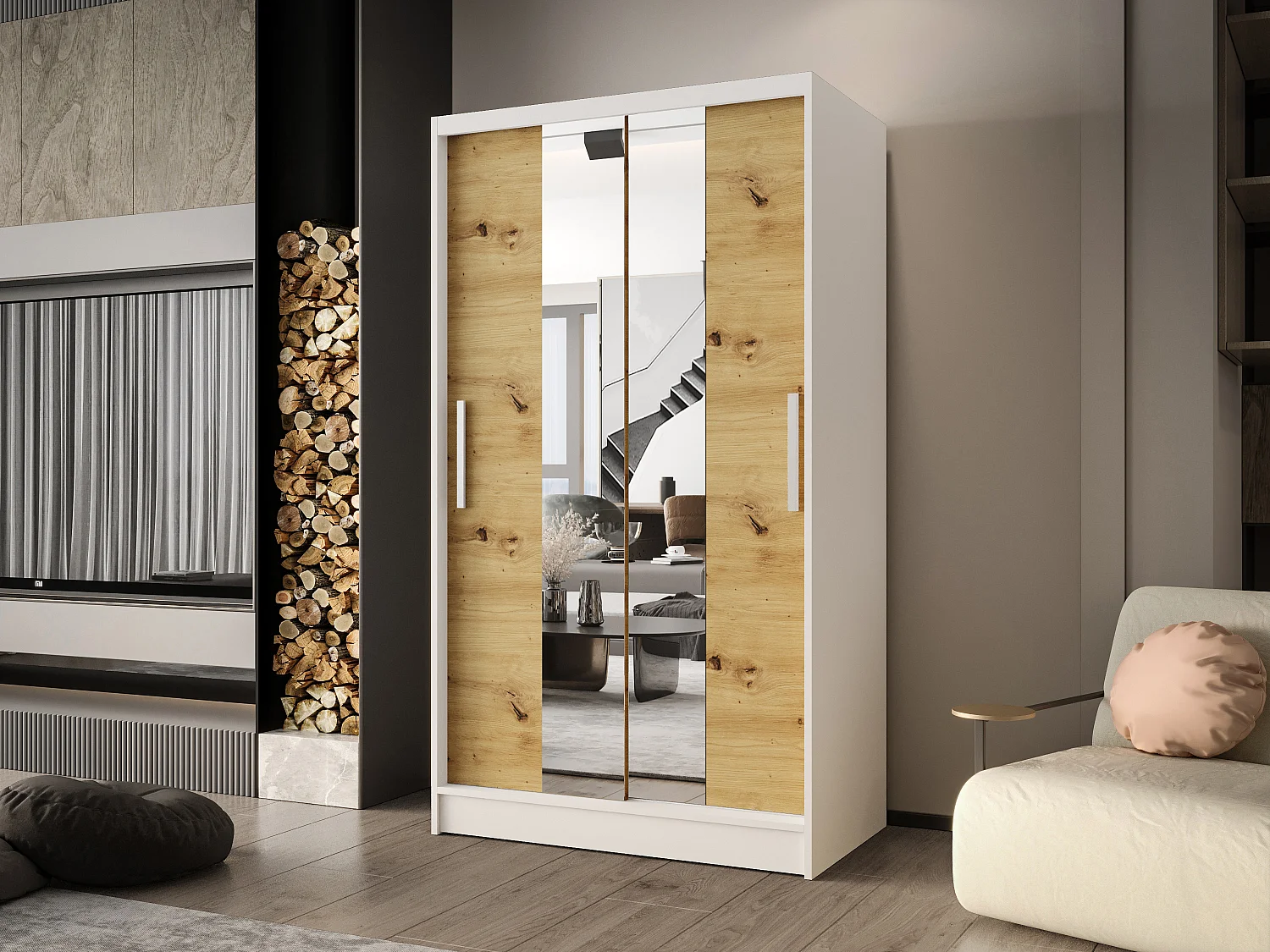 Zweitüriger Schiebeschrank mit Spiegel CHICAGO CA2, Regalböden und Kleiderstange (Weiß/Artisan)